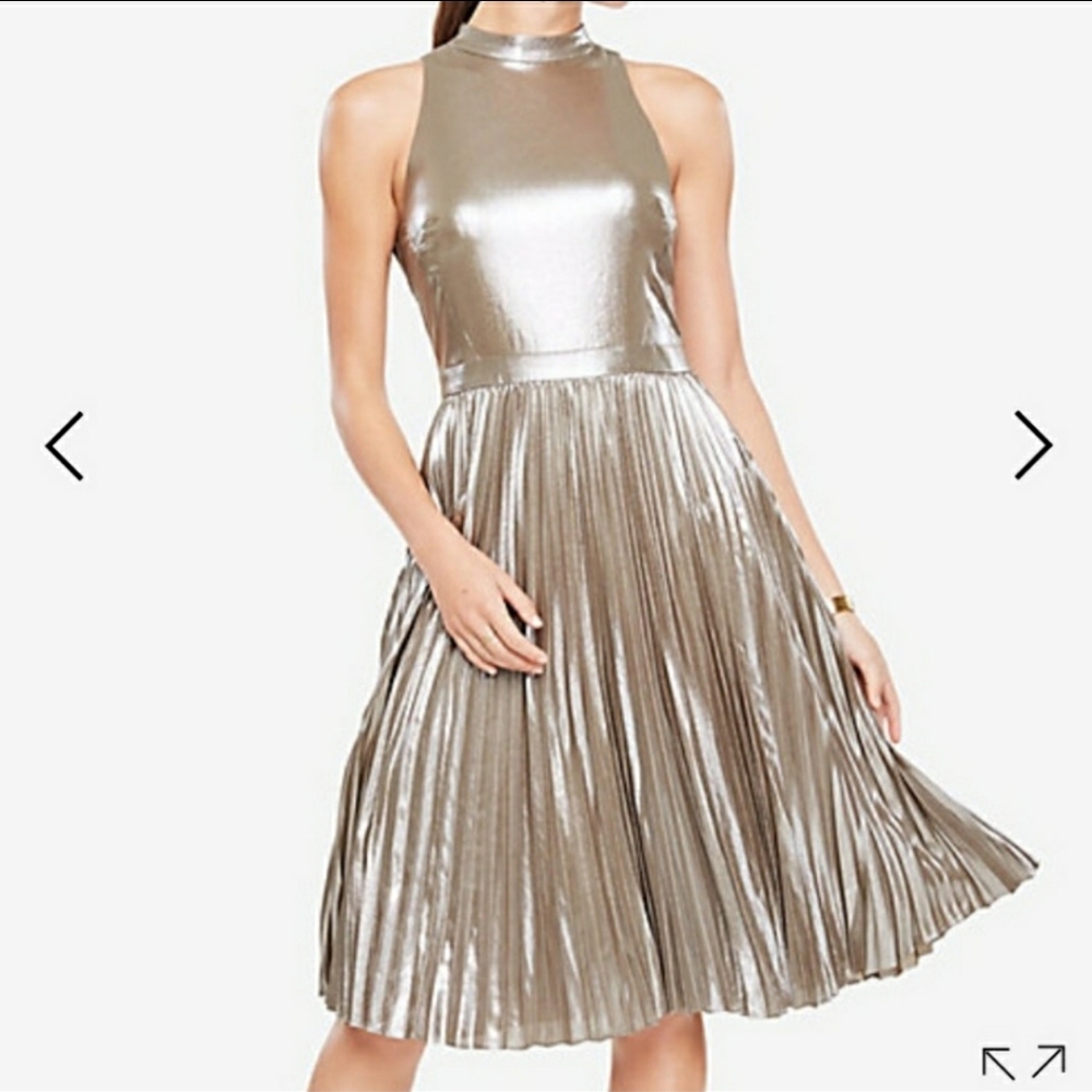 Ann Taylor Shimmer High-Neck Pleated Midi Dress in Metallic Taupe
